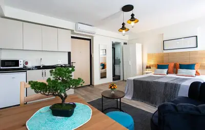 a room with a bed and a kitchen and a living room at Happy Homes & Apartments Taksim in Istanbul