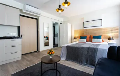 a bedroom with a bed and a tv and a couch at Happy Homes & Apartments Taksim in Istanbul