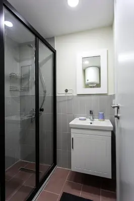 a bathroom with a shower and a sink and a mirror at Happy Homes & Apartments Taksim in Istanbul