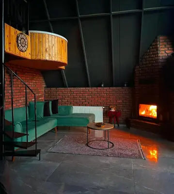 a living room with a green couch and a fireplace at Sakaryabungalow in Geyve