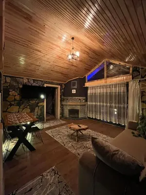 a living room with a couch and a stone fireplace at Sakaryabungalow in Geyve