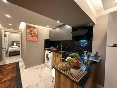 a kitchen with a counter and a stove top oven at Cozy 1BR Basement Apartment Close to Metro in Istanbul