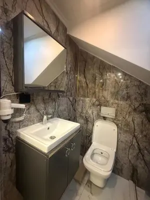 a bathroom with a sink and a toilet and a mirror at Cozy Studio Near Taksim Metro Station in Istanbul