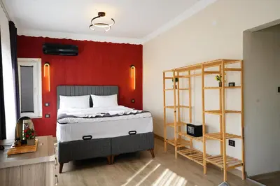 a bedroom with a bed and a red wall at the apart galata in Istanbul