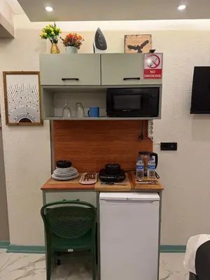 a small kitchen with a counter with a microwave at Modern Compact Studio Near Metro Station in Istanbul