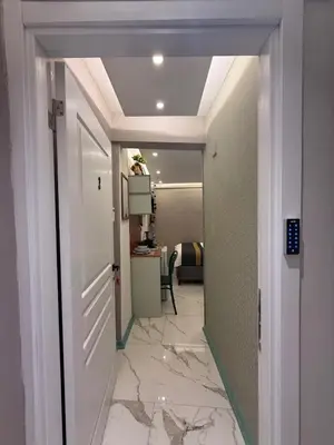a hallway with a door leading into a room at Modern Compact Studio Near Metro Station in Istanbul