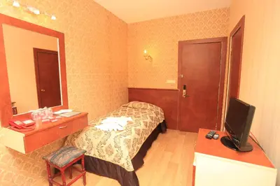 a hotel room with a bed and a television at Turvan Hotel in Istanbul