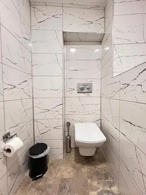 a white bathroom with a toilet and a shower at The Blue Mansion Modern Rooms in Istanbul