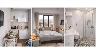 two pictures of a kitchen and a bathroom at balatlife suites in Istanbul