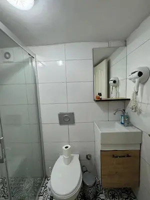 a bathroom with a toilet and a sink and a shower at Veva corner suit in Istanbul