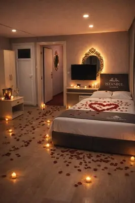 a bedroom with a bed with lights on the floor at İstanbul SİMGE hotel in Istanbul