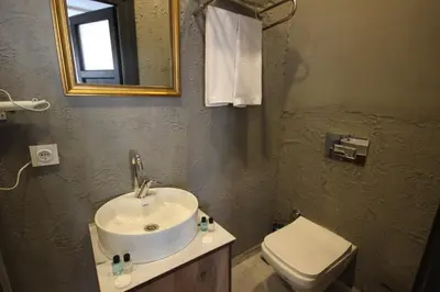 a bathroom with a sink and a toilet and a mirror at Linada Hotel Taksim in Istanbul