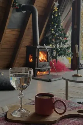 a table with a wine glass and a christmas tree at Sapanca Liva Bungalov in Sapanca