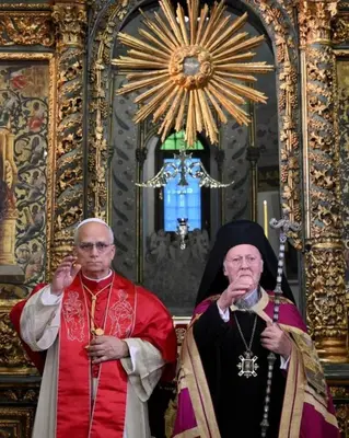 two priests standing next to each other in a church at Newly-renovated apartment 1 in Istanbul