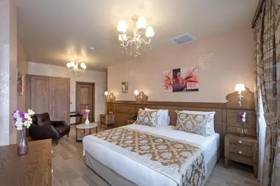 a hotel room with a large bed and a chair at Perapolis Hotel in Istanbul
