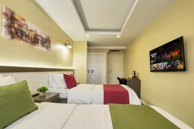 a hotel room with two beds and a flat screen tv at Duck Hotel in Istanbul