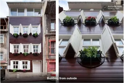 two pictures of a house with potted plants on it at Newly-renovated apartment 2 in Istanbul