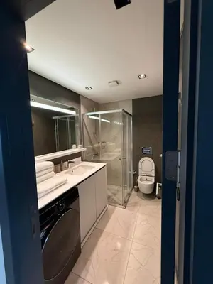 a bathroom with a sink and a washing machine at Imperium Living in Istanbul
