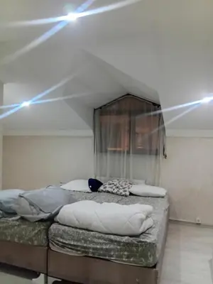 two beds in a room with lights on the ceiling at Sağlam Apartments in Istanbul