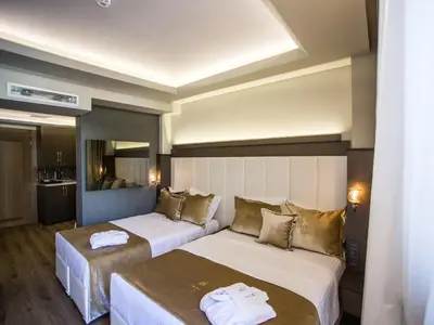a hotel room with two beds and a mirror at Bonne Sante Hotel in Istanbul