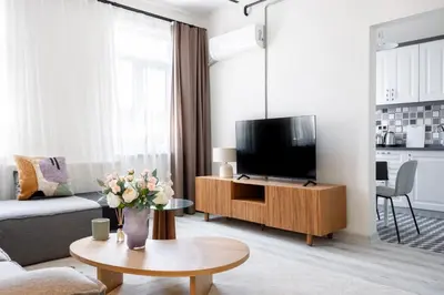 a living room with a television on a wooden cabinet at Stylish Modern Flat Steps from Istiklal in Istanbul