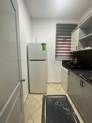 a kitchen with a white refrigerator in a room at Ekinci Plaza in Istanbul