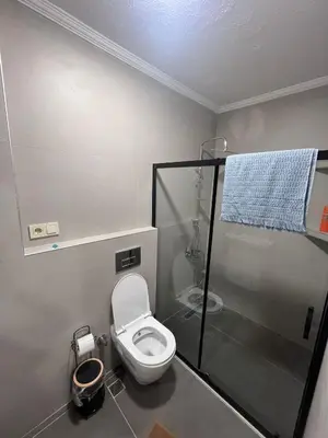 a small bathroom with a toilet and a shower at House in Istanbul