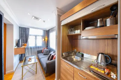 a kitchen with a couch and a sink in a room at King Suite Hotel Beşiktaş in Istanbul
