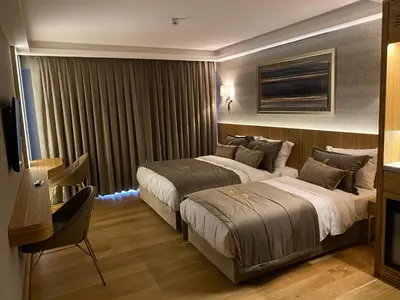 a hotel room with two beds and a desk at Lady Diana Hotel in Istanbul