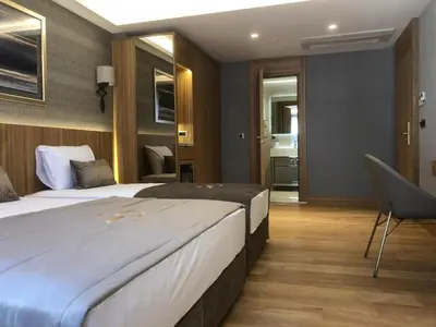 a hotel room with a large bed and a chair at Lady Diana Hotel in Istanbul