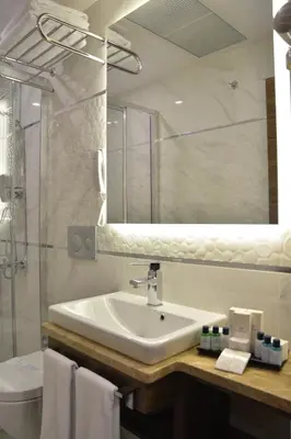 a bathroom with a sink and a mirror and a toilet at Görükle Güler Park Hotel in Gorukle