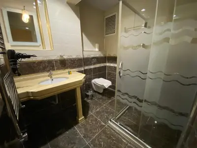 a bathroom with a sink and a shower at Reyyan Hotel in Istanbul