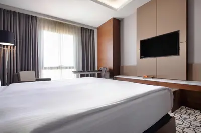 a hotel room with a large bed and a flat screen tv at Grand Harilton Otel in Istanbul