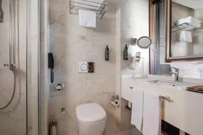 a bathroom with a toilet and a shower and a sink at Grand Harilton Otel in Istanbul