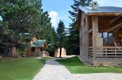 a log cabin with a pathway next to a house at Uludag Orman Koskleri in Uludag