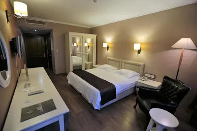 a hotel room with a bed and a desk at Montania Town Hotel Mudanya in Mudanya