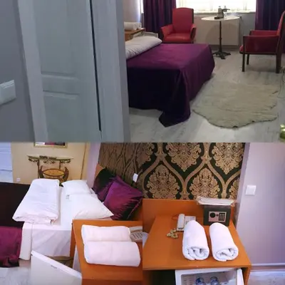 two pictures of a hotel room with a bed at Masal Otel in Kocaeli