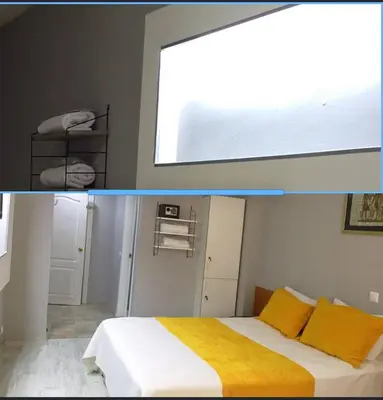 two pictures of a bedroom with a bed and a window at Masal Otel in Kocaeli