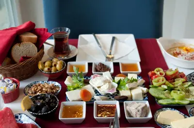 a table topped with lots of different types of food at Agva Nehir Evi - Adult Only in Agva