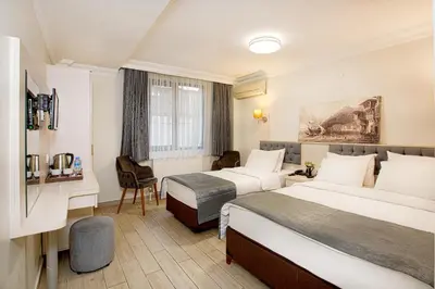 a hotel room with two beds and a desk at Sim Hotel Istanbul Old City in Istanbul