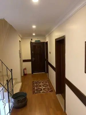 a hallway with a staircase and a door with a rug at Villa Sofia in Istanbul