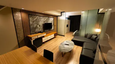 a living room with a couch and a television at Mas Suites Nisantasi in Istanbul