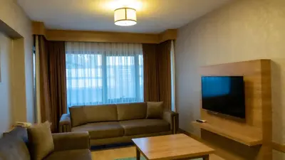 a living room with a couch and a flat screen tv at Bursa Suites Apart Otel in Bursa