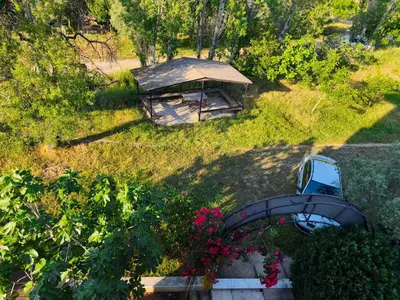 an overhead view of a garden with a gazebo at Sağlık Apart Pansiyon in Erdek