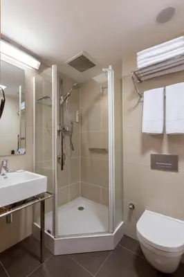 a bathroom with a shower and a toilet and a sink at Nippon Hotel in Istanbul