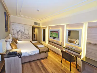 a hotel room with a bed and a television at Hotel Bulvar Palas in Istanbul