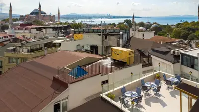 an aerial view of a city with mosques at Aldem Hotel in Istanbul