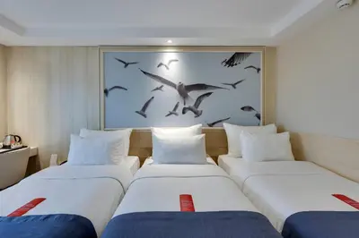three beds in a room with birds on the wall at Ramada by Wyndham Istanbul Old City in Istanbul