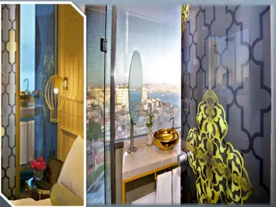 a bathroom with a sink and a view of a city at Taksim Star Hotel in Istanbul