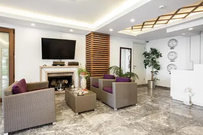a living room with couches and a fireplace at Buyukada Comfort OTEL in Buyukada